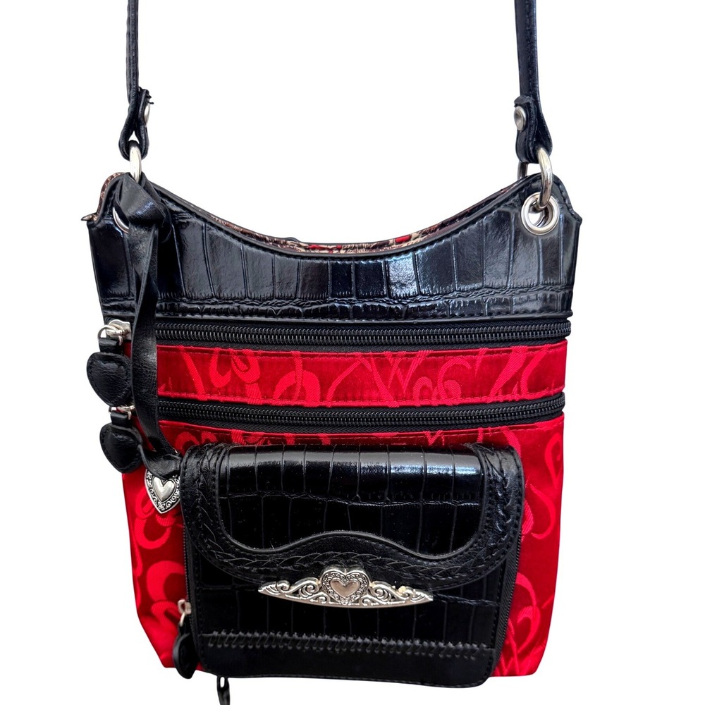 Y2K Heart Crossbody Bag Purse Red Jacquard Black Faux Croc Concho